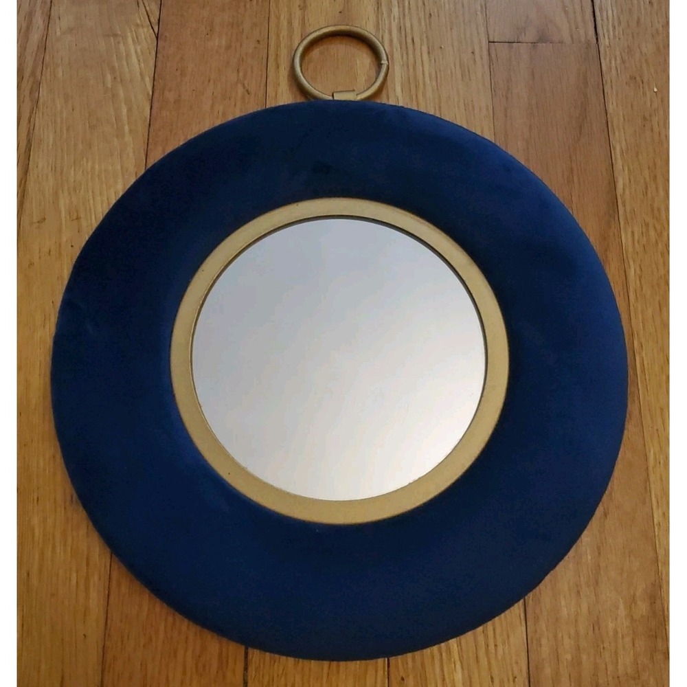 Blue Velvet Framed Hanging Mirror Retro Brass Colored Hanging